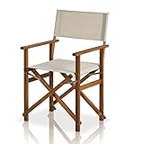 KHG Balkonstuhl aus echtem Akazienholz geölt Regiestuhl mit Armlehnen 100% Polyesterbezug in Creme, wetterfest, platzsparend klappbar, 120kg belastbar