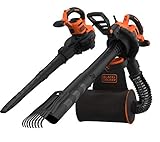 Black+Decker 3-in-1 Elektro-Laubsauger/Laubbläser BEBLV301 (3.000 Watt, mit Häcksler + aufsteckbarem Laubrechen, 72l Fangsack-Rucksack - hohe Blasgeschwindigkeit & verstellbare Saugleistung)