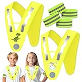 Ycaaeo 2 Stück Reflektoren Warnweste Kinder und 4 Reflektorband,V-Form Kinderwarnweste mit Cartoon Dino Einhorn Muster,Leichte Leuchtweste Sicherheitsweste für Jungen Mädchen Nächtliche Outdoor