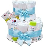 MilaBoo® 2-stöckige Windeltorte Junge mit Premiumprodukten I Besonderes Geschenk zur Geburt I Persönliches Babygeschenk zur Taufe und Babyparty (blau)