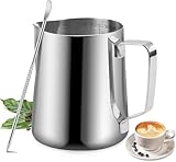 Milchaufschäumkrug, 12 oz/350ml Milchaufschäumer Krug Edelstahl Krug Dampfkanne, Milchkaffee Cappuccino Latte Art Barista Dampfkannen Milchkanne Tasse mit Dekorieren Stift