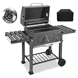 Eikuavons Grillwagen xxl mit Grillabdeckung, Holzkohlegrill mit Deckel und Rädern, inkl. doppelten Klappböden, Haken, Thermometer, Grillroste, etc., Smoker für Campinggrill und Garten, grau