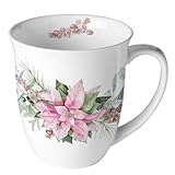 Ambiente Teetasse Kaffeetasse Becher Jumbotasse 0,4l Weihnachtsstern Blumen Poinsettia weiß pink Fine Bone China Porzellan Winter