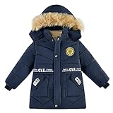 linboo Jungen Winterjacke Warme Wintermantel mit Kapuze Verdickte Jacke Kinder Blouson Winddicht Kapuzenparka, Blau, 116-122(Etikettengröße: 120)