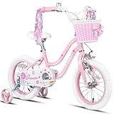 Glerc Daisy 16 Zoll Kinderfahrrad Alter 4 5 6 7 Jahre alte Mädchen Fahrrad mit Stützrädern & Korb & Luftschlangen，Rosa