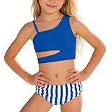 Generisch Zweiteiliger Badeanzug für Mädchen, Tankini-Bikini mit süßen Rüschen und hohem Bund, ideal für Strand und Freizeit. (Blue, 7-8 Years)