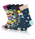 GoWith Bunte Bambussocken für Herren, 5 Paar im Geschenkkarton, natürlich weich, atmungsaktiv, gestreift, geometrisch, flippiges Design, rot, blau, gelb, UK-Größe 6 11 3563