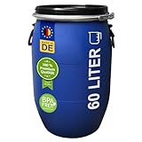 plasteo® 60 Liter Deckelfass Weithalsfass mit Spannverschluss | Futtertonne | Universalfass | Lagerfass | Campingfass | Transportfass | Regenfass | Stapelbar | IKG Gütezeichen | Blau