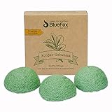 BlueFox I Konjac Schwamm 3er Set Grüner Tee, Gesichtsreinigung für unreine und Mischhaut, Gesichtsschwamm, bio facial sponge, Peeling der unreinen Haut, reine Poren, Reinigungsschwamm in grün