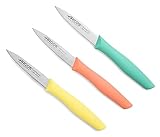Arcos Küchenmesser Set 3 teilig aus Edelstahl Serie Nova. Schälmesser für Obst und Gemüse mit ergonomischem Polypropylen Griff. Farben Orange, Gelb, Blau