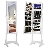 SONGMICS LED Beleuchtung Schmuckschrank, mit Spiegel, 4 Ablagen und 2 kleinen Schubladen, abschließbar JBC94W