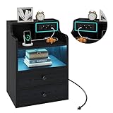 IRONCK LED Nachttisch mit Steckdose, Beistelltisch Holz mit Ladefunktion, Nachtschrank mit 2 AC, 1 USB& 1 Type-C Anschlüsse, Sofatisch mit 2 Schubladen für Wohnzimmer,Schlafzimmer, 45x30x70cm Schwarz