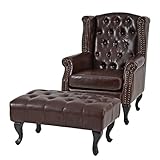 Mendler Sessel Relaxsessel Clubsessel Ohrensessel Chesterfield, Kunstleder - antik-braun mit Ottomane