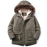 LSHDCER Jungen-Mantel, gepolstert, aus Baumwolle, mit Kapuze, Steppjacke, Fleecefutter, dick, warm, Daunenjacke, Kinder, Winterparka, grün, 12-13 Jahre