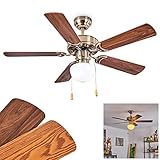 HOFSTEIN Deckenventilator Apiao, Deckenlampe aus Metall/MDF/Glas in Silber/Holzoptik/Braun/Hellbraun/Weiß, 1 x E27, mit Schnurschalter, wendbare Rotorblätter, Schwenkbar, Sommer- und Wintermodus