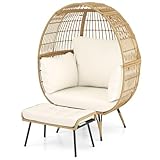 COSTWAY Korbsessel Rattan mit Hocker, übergroßer Gartensessel mit Kissen und Metallgestell, Rattansessel XXL, Loungesessel für Balkon, Garten, Wohnzimmer, Terrasse, Beige