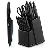TEAMFAR Messerblock mit Messerset, 15-teilig Edelstahl küchenmesser Set mit Wetzstahl, Messerblock mit Messer, Scharfe Kochmesser mit Antihaftbeschichtung für Schneiden Hacken Zerkleinern, Schwarz