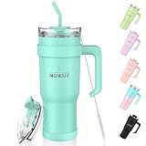 MOMSIV 40oz Thermobecher mit Stroh und Griff, 1100ml Spülmaschinenfest Kaffeebecher, Doppelwandiger Edelstahl Vakuum Auslaufsicher Isolierbecher Autobecher für Kalte Heiße Getränke, Mintblau