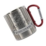 Crealuxe Edelstahltasse mit Karabiner 'Die Besten Angler heißen Wunschname' Tasse personalisiert, Kaffeetasse, Bürotasse, Metalltasse mit Name