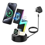 3 in 1 Kabellose Ladestation Magnetischer Ständer - 15W Schnellladung mit RGB Nachtlicht Ladegerät Dock für iPhone 15/14/13/12 Serie für Apple Watch1-9/Ultra1/2/SE für Airpods Pro/3/2