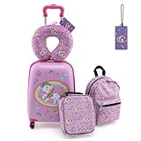 DREAMADE 5tlg Kinderkoffer Set, Kinder Reisekoffer mit Rucksack, Nackenkissen, Lunchtasche & Kofferanhänger, Reisetrolley mit Rollen für Kinder ab 3 Jahren, 30 x 23 x 46cm (Pink-Einhorn)