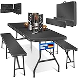 KESSER® Bierzeltgarnitur 3-teilig Set Tisch + 2X Bank, für drinnen - draußen klappbar Tragegriffe, 183x76x74 cm, Kunststoff, Rattan-Look Gartengarnitur, Klapptisch, Gartentisch, Glatt/Schwarz