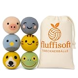 fluffisoft Trocknerbälle aus 100 % neuseeländischer Schafwolle, 7 cm, lustige Tiergesichter, wiederverwendbar, plastikfrei im Stoffbeutel, für Wäschetrockner, weiche Wäsche, Bettwäsche, Daunenjacken