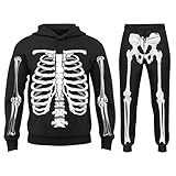 halloween kostüm herren, Herren Halloween Skelett Trainingsanzug Gruselig Lustig 3D Druck Kapuzenpullover und Jogginghose 2 Teilig Sportanzug Jogginganzug Oversized Hip Hop Tracksuit Schwarz XXL