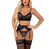 Frauen-Druck-Mesh-Wäsche-Spitze-Wäsche Dreiteiliges Set Sexy Unterwäsche mit Socken oder Ring Sexy Kostüme Damen (Black, XL)