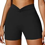 Litthing Damen-Sportshorts mit Taschen, gerüscht, Geraffte Shorts, hohe Taille, Crossover-Sportshorts, Bauchkontrolle, Push-up, Yoga, Kurze Hosen