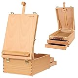VISWIN Große Tisch-Staffelbox mit 3 Schubladen, Hält Leinwände bis zu 63 cm, tragbare Staffeleibox aus Buchenholz für Leinwand, Zeichnen, Skizzieren & Kunst-Zubehör, für Erwachsene, Anfänger, Künstler