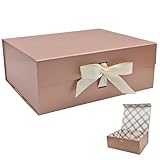 Tekhoho Roségold Große Geschenkbox 33.5x27x12.5cm, Premium Geschenkbox mit Magnetdeckel und Schleife für Feiertage Hochzeit Geburtstag Geschenkverpackungen, kariertes Innenfutter