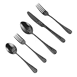 Warmhm 5 Stück Teiliges Edelstahl Steakbesteck Set Multifunktionale Gabeln und Löffel mit Schwarzem Weihnachtsmuster Rostfrei Spülmaschinengeeignet für Küche Restaurant und Catering