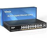 VIMIN 26-Port Gigabit Ethernet Switch mit 2 Uplink-Ports mit 1000 Mbit/s, 24-Port unmanaged Network Switch unterstützt IEEE802.3af/at, VLAN, Metallgehäuse, Desktop, 19 inch Rackmontage