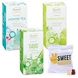 Ronnefeldt Tee 3er Mix (75 Teebeutel) – Grüner Tee Probierset für Entspannung & Energie - Classic Green Bio, Green Angel & Jasmine Tea + Sweet Buddies Fruchtgummis - Tee Set Box für Genießer