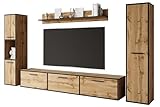 MINIO - Wohnwand Wohnzimmer 4-teilig Toga, Wohnzimmer Möbel Set, 1x TV Lowboard, 2X Hochschrank, 1x Wandboard, Wohnzimmermöbel Komplett, Wohnzimmer Set - Farbe Wotan Eiche/Schwarz Farbe
