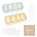 DIYJEP 2 x 4 Eisformen mit 100 Stück Eis am Stiel, Silikon, BPA-frei, wiederverwendbar, Eiscreme-Form, Popsicle Maker hausgemachtes DIY-Kit, Mini-niedliche Tier- und Fruchtform für Kinder