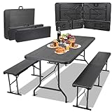Bierzeltgarnitur Klappbar 3-teilig Set 1 Biertisch & 2 Bierbank Klappbar,Festzeltgarnitur Biertischgarnitur 180cm mit Tragegriff,Gartenmöbel Set Wetterfest,Campingtisch Outdoor & Indoor,Holz-Optik