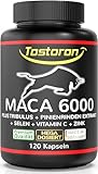 Tostoron Maca 6000 mg Kapseln – Tribulus + Pinienrinden Extrakt – Vitamin C + Selen + Zink – hochdosiert – 120 Kapseln (100 g Dose) Zink trägt zum Erhalt eines normalen TESTOSTERONSPIEGELS im Blut bei