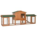 lionto Kaninchenstall aus Holz auf Zwei Etagen mit Rampe, 212x52x85 cm, wasserabweisendes Bitumendach & Drahtgitter, Hasenstall Winterfest für draußen mit 4 Eingängen & herausnehmbarer Schublade