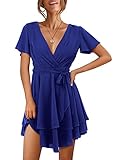 Beluring Damen Kleid Kurzarm Wickel V Ausschnitt Hohe Taille Minikleid Rüschen Partykleid Blau M