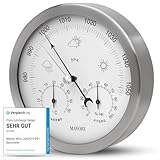 MAVORI® Wetterstation analog - 3in1 Barometer, Hygrometer & Thermometer für innen und außen - Ø 13,5cm Edelstahl Rahmen mit Acrylglas im modernen Design - Inklusive Thermometer & Hygrometer