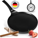 endusor Crepe Pfanne Induktion 26cm mit 3-facher Antihaftbeschichtung inkl. Spatel & Verteiler aus deutschem Buchenholz- Pfannkuchenpfanne für ALLE Herdarten - Flache Crepes Pfanne (OHNE PFOA + PFOS)