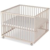 Sämann Laufstall Baby 100x100 cm mit Matratze | TÜV geprüft 2023 | stufenlos höhenverstellbar | Laufgitter Premium | Babybett aus Holz | Krabbelgitter natur