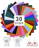 Ruonfash 30 Stück Plotterfolie Textil mit 2 Stück Klappbare Schere, Iron on Folie Flexfolie Plotter Textil Bügelfolie Plotter 20×15cm, für Textilien T-Shirt Kleidung oder Andere Stoffe（30 Farben