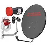 Maclean 80cm Satellitenschüssel mit 40cm Wandhalterung Sat Antenne Satspiegel LNB Tragarm Phosphatierter Stahl, Single LNB, 25 m Kabel und F-Stecker im Set