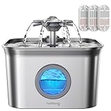 2.8L Katzenbrunnen Edelstahl mit 3 Filters, FEELNEEDY Trinkbrunnen für Katze, Katzentrinkbrunnen Ultraleise, Vierfaches Filtersystem, Spülmaschinenfest
