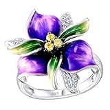 Generisch Damen-Blumen-Cocktailringe, silberfarben, Statement-Jubiläumsparty-Schmuck für Frauen und Mädchen, lila Blumenringe mit -Kristallen, Größe Ringelblumen Salbe Ohne Parfüm (Purple, C)