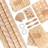 4 Rolle Geschenkpapier, Packpapier Geburtstag 43 x 300cm/Rolle, Geschenkpapier Kinder mit Geschenkanhänger und Jute Schnur, Geschenkpapier Rolle Set für Kommunion Taufe Geburtstag Hochzeit Weihnacht