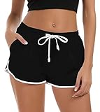 Rave on Friday Damen Badeshorts Kurze Badehose Sommer Elegant Schwarz Strand Shorts Schnell Trocknendes Schwimmhose Gym Boardshorts mit Taschen,S, 36-38